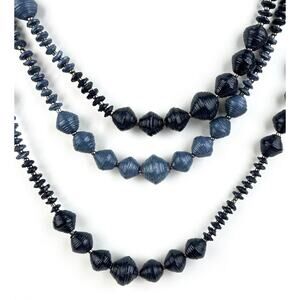 Necklace Blue Paper Beads Extra Long 82" Endless Boho Artistic Fashion Statement